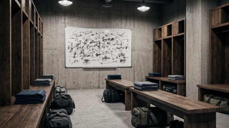 An empty locker room at halftime with a whiteboard covered in first-half numbers and a marked-up game plan