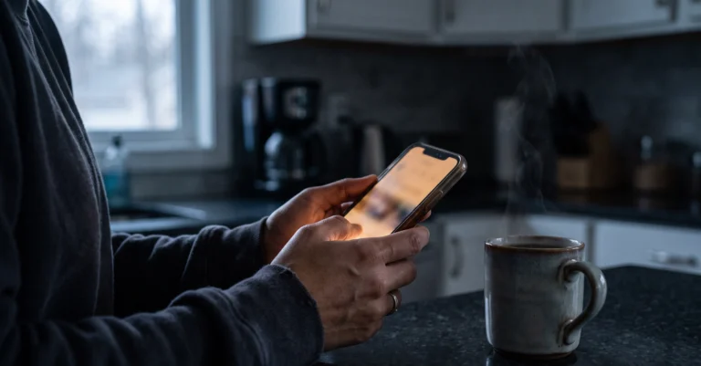 A business owner checking a banking app on a phone at dawn, coffee in hand, in a kitchen that is still dark