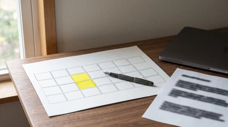 A tidy desk with a paper calendar showing one highlighted recurring date, a pen, and a single printed page beside a closed laptop